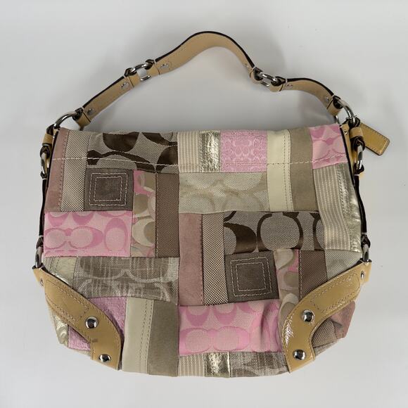 Coach Patchwork Shoulder Bag Pink Tan Multi Fabric Leather Trim 14”x10” - Picture 1 of 7